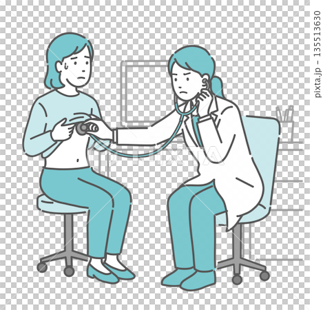 聴診を受ける冷や汗をかいた女性と深刻な表情の白衣の女性医師のイラスト 135513630