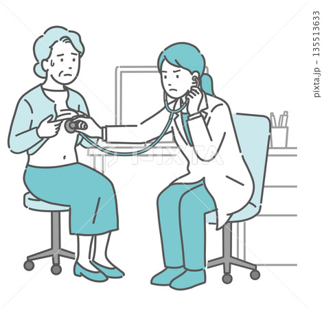 聴診を受ける冷や汗をかいた高齢女性と深刻な表情の白衣の女性医師のイラスト 135513633