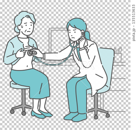 Illustration of a sweaty elderly woman receiving a stethoscope and a female doctor in a white coat with a serious expression 135513633