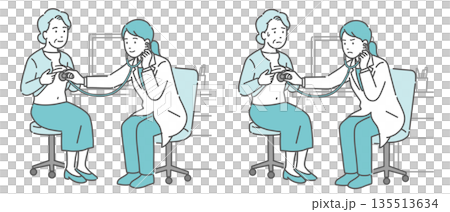 白衣の女性医師による高齢女性の聴診イラストセット（正常・異常/体調不良） 135513634