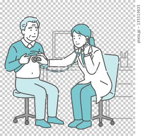 Illustration of a female doctor in a white coat auscultating and examining an elderly man 135513635