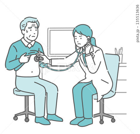 聴診を受ける冷や汗をかいた高齢男性と深刻な表情の白衣の女性医師のイラスト 聴診を受ける冷や汗をかいた高齢男性と深刻な表情の白衣の女性医師のイラスト 135513636