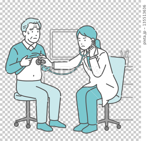 聴診を受ける冷や汗をかいた高齢男性と深刻な表情の白衣の女性医師のイラスト 聴診を受ける冷や汗をかいた高齢男性と深刻な表情の白衣の女性医師のイラスト 135513636