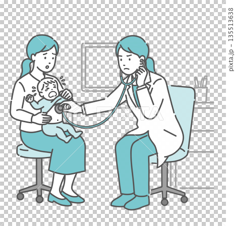 Illustration of a crying baby being auscultated and a female doctor in a white coat with a serious expression Illustration of a crying baby being auscultated and a female doctor in a white coat with a serious expression 135513638