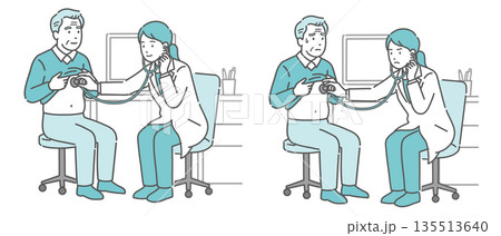 白衣の女性医師による高齢男性の聴診イラストセット(正常・異常/体調不良) 白衣の女性医師による高齢男性の聴診イラストセット(正常・異常/体調不良) 135513640