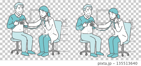 白衣の女性医師による高齢男性の聴診イラストセット(正常・異常/体調不良) 白衣の女性医師による高齢男性の聴診イラストセット(正常・異常/体調不良) 135513640