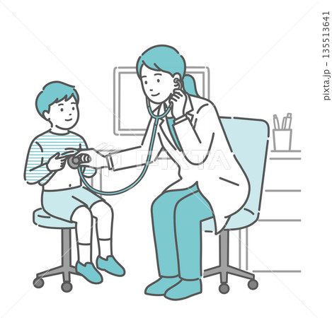 白衣を着た女性医師による男の子の聴診・診察のイラスト 135513641