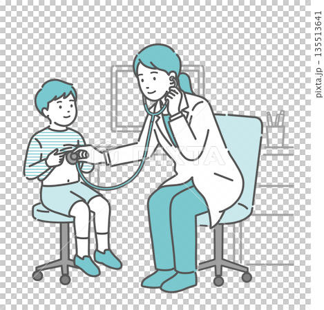 白衣を着た女性医師による男の子の聴診・診察のイラスト 135513641