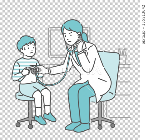 Illustration of a boy with a cold sweat receiving a stethoscope and a female doctor in a white coat with a serious expression 135513642