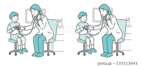 白衣の女性医師による男の子の聴診イラストセット(正常・異常/体調不良) 白衣の女性医師による男の子の聴診イラストセット(正常・異常/体調不良) 135513643