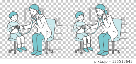 白衣の女性医師による男の子の聴診イラストセット(正常・異常/体調不良) 白衣の女性医師による男の子の聴診イラストセット(正常・異常/体調不良) 135513643