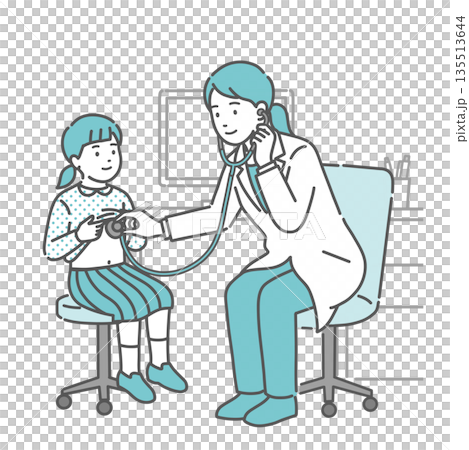 Illustration of a female doctor in a white coat auscultating and examining a girl Illustration of a female doctor in a white coat auscultating and examining a girl 135513644