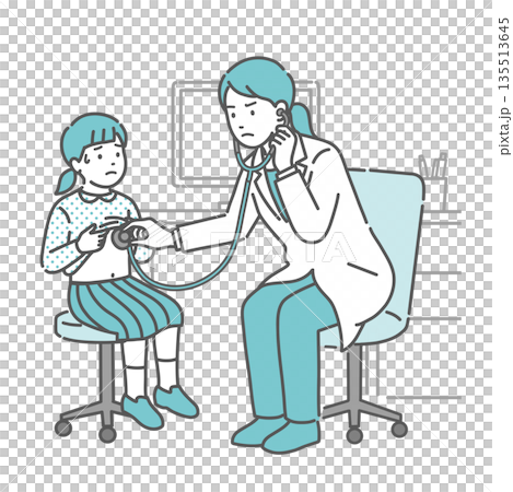 Illustration of a girl with a cold sweat receiving a stethoscope and a female doctor in a white coat with a serious expression 135513645