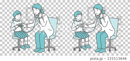 Illustration set of a girl's auscultation by a female doctor in a white coat (normal, abnormal, unwell) Illustration set of a girl's auscultation by a female doctor in a white coat (normal, abnormal, unwell) 135513646