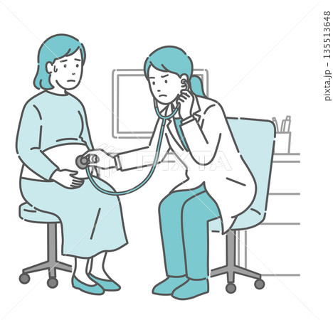 聴診を受ける冷や汗をかいた妊婦と深刻な表情の白衣の女性医師のイラスト 135513648