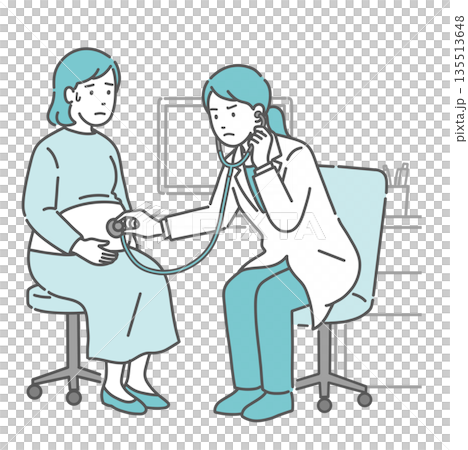 聴診を受ける冷や汗をかいた妊婦と深刻な表情の白衣の女性医師のイラスト 135513648