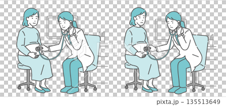 Illustration set of auscultation of a pregnant woman by a female doctor in a white coat (normal, abnormal, unwell) Illustration set of auscultation of a pregnant woman by a female doctor in a white coat (normal, abnormal, unwell) 135513649