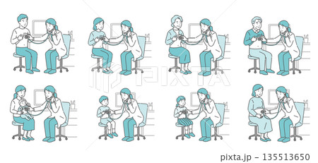 白衣の女性医師による全世代の患者の聴診イラストセット（老若男女・妊婦） 135513650