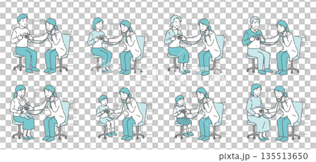 Auscultation illustration set of patients of all ages by a female doctor in a white coat (men and women of all ages, pregnant women) 135513650