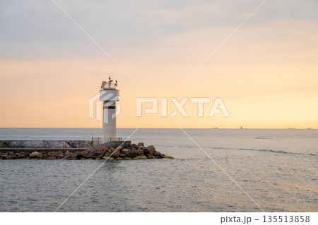 Golden hues of sunset reflect off the water while a lighthouse stands tall at the shoreline, guiding vessels in the tranquil Bosphorus Strait. Golden hues of sunset reflect off the water while a lighthouse stands tall at the shoreline, guiding vessels in the tranquil Bosphorus Strait. 135513858