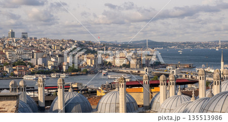 The vibrant city of Istanbul unfolds along the Bosphorus, with rooftops and boats reflecting the lively atmosphere against the skyline. The vibrant city of Istanbul unfolds along the Bosphorus, with rooftops and boats reflecting the lively atmosphere against the skyline. 135513986