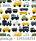 A repeating pattern of simple cars, trucks, and trains in various colors. Its suitable for kids fabric and playful projects. 135514254
