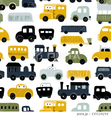 A repeating pattern of simple cars, trucks, and trains in various colors. Its suitable for kids fabric and playful projects. 135514254