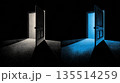 Two door icons in black and blue show open doors casting shadows, symbolizing choices and new paths in a simple design. 135514259