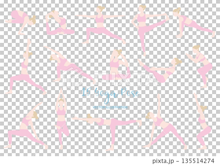 插圖描繪了一位女性擺出15種不同的瑜珈姿勢 135514274