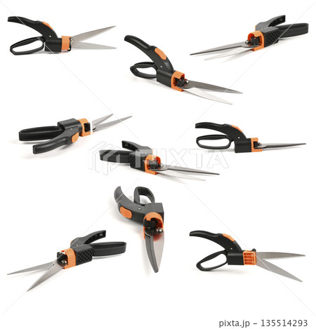 Collection of garden grass shears in various angles isolated on white Collection of garden grass shears in various angles isolated on white 135514293
