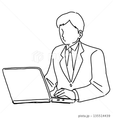 パソコンで仕事をする男性の線画イラスト1 パソコンで仕事をする男性の線画イラスト1 135514439