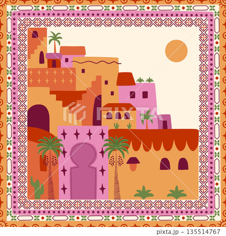 Moroccan city travel square seamless pattern. Vector tropical scarf, tile design. Geometric Morocco travel print Moroccan city travel square seamless pattern. Vector tropical scarf, tile design. Geometric Morocco travel print 135514767