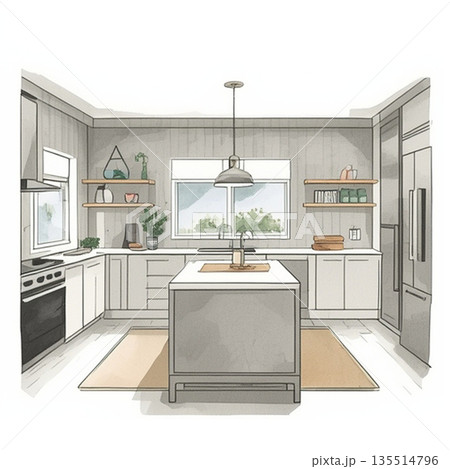 おしゃれなカウンター付きキッチンのインテリアデザイン 135514796