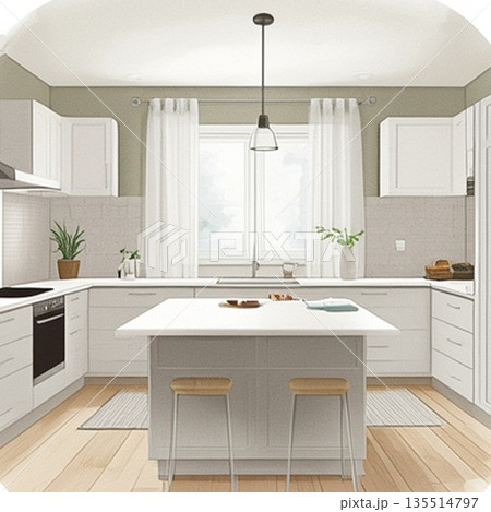 おしゃれなカウンター付きキッチンのインテリアデザイン 135514797