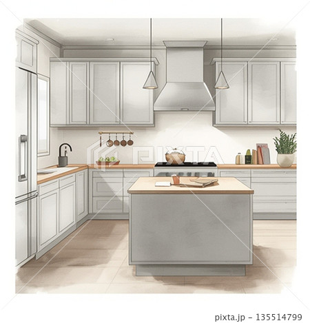 おしゃれなカウンター付きキッチンのインテリアデザイン 135514799