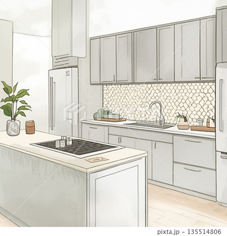 おしゃれなカウンター付きキッチンのインテリアデザイン 135514806