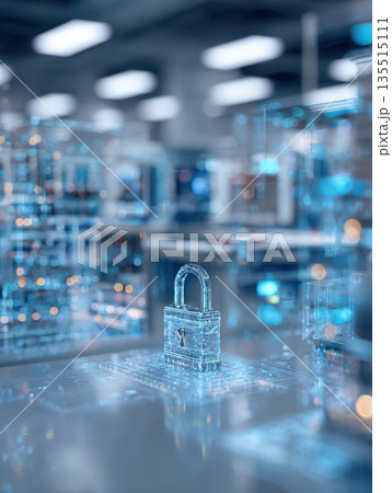 Digital padlock icon on circuit board, symbolizing robust cyber security, data protection, encryption within complex network and cloud environments. Themes of privacy, technology, risk management 135515111