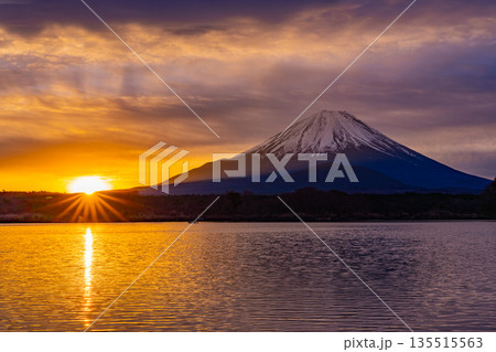 （山梨県）日本の夜明け　黄金色に染まる空と富士山 135515563
