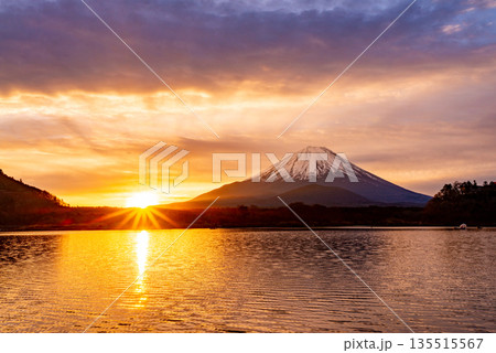 （山梨県）日本の夜明け　黄金色に染まる空と富士山 135515567