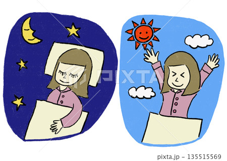 早寝早起きで健康的な生活を送る女の子のイラスト 早寝早起きで健康的な生活を送る女の子のイラスト 135515569