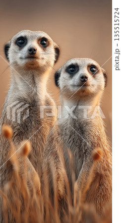 two wild meerkats Suricata suricatta standing upright on watch in warm, blurred golden grass. The pair are alert and facing camera, highlighting their social behavior, teamwork, strong connection 135515724