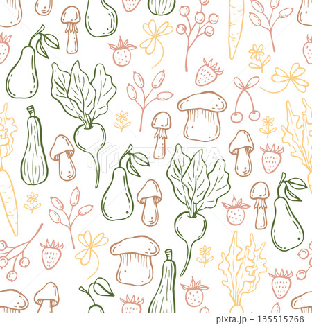 Whimsical trendy cottagecore vegetables seamless pattern. Coquette hand drawn doodles. Gardening print for fabric, wallpaper and wrapping paper Whimsical trendy cottagecore vegetables seamless pattern. Coquette hand drawn doodles. Gardening print for fabric, wallpaper and wrapping paper 135515768