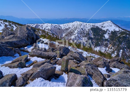 冬の長野県(群馬県)の湯ノ丸山の北峰の三角点から西側の眺望(烏帽子岳,小烏帽子岳など) 135515779