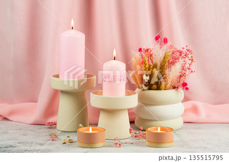 Candles and vase with plants Candles and vase with plants 135515795