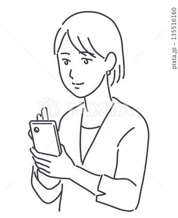 スマホを使うジャケット姿の女性 線のみ スマホを使うジャケット姿の女性 線のみ 135516160