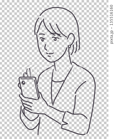 スマホを使うジャケット姿の女性 線のみ スマホを使うジャケット姿の女性 線のみ 135516160