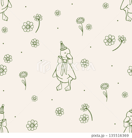 Cute whimsical floral seamless pattern with flowers and goose. Preppy spring summer print Cute whimsical floral seamless pattern with flowers and goose. Preppy spring summer print 135516369