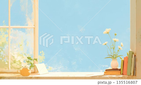 窓辺と花のある室内風景 水彩風イラスト 背景素材 135516807