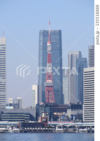 青空の東京タワーと都心の高層ビル群 135516888