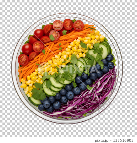 Colorful rainbow salad bowl packed with fresh vegetables, greens, and healthy ingredients, representing clean eating and nutrition 135516903